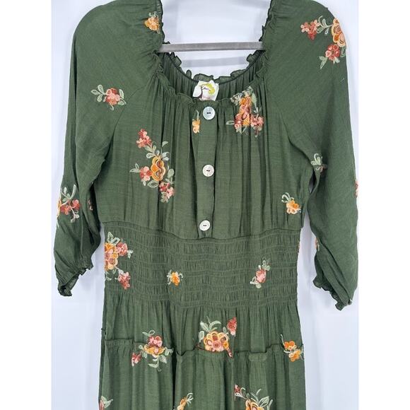 Anthropologie Fig and Flower Embroidered Smocked Tiered Ruffle Maxi Dress Medium - Picture 2 of 11